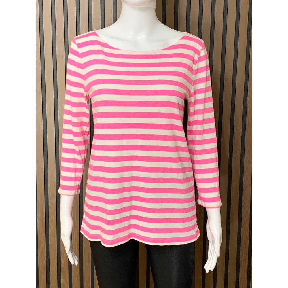 J.Crew Women's Pink White Striped Long Sleeve 100% Cotton Tee Shirt S Classic
